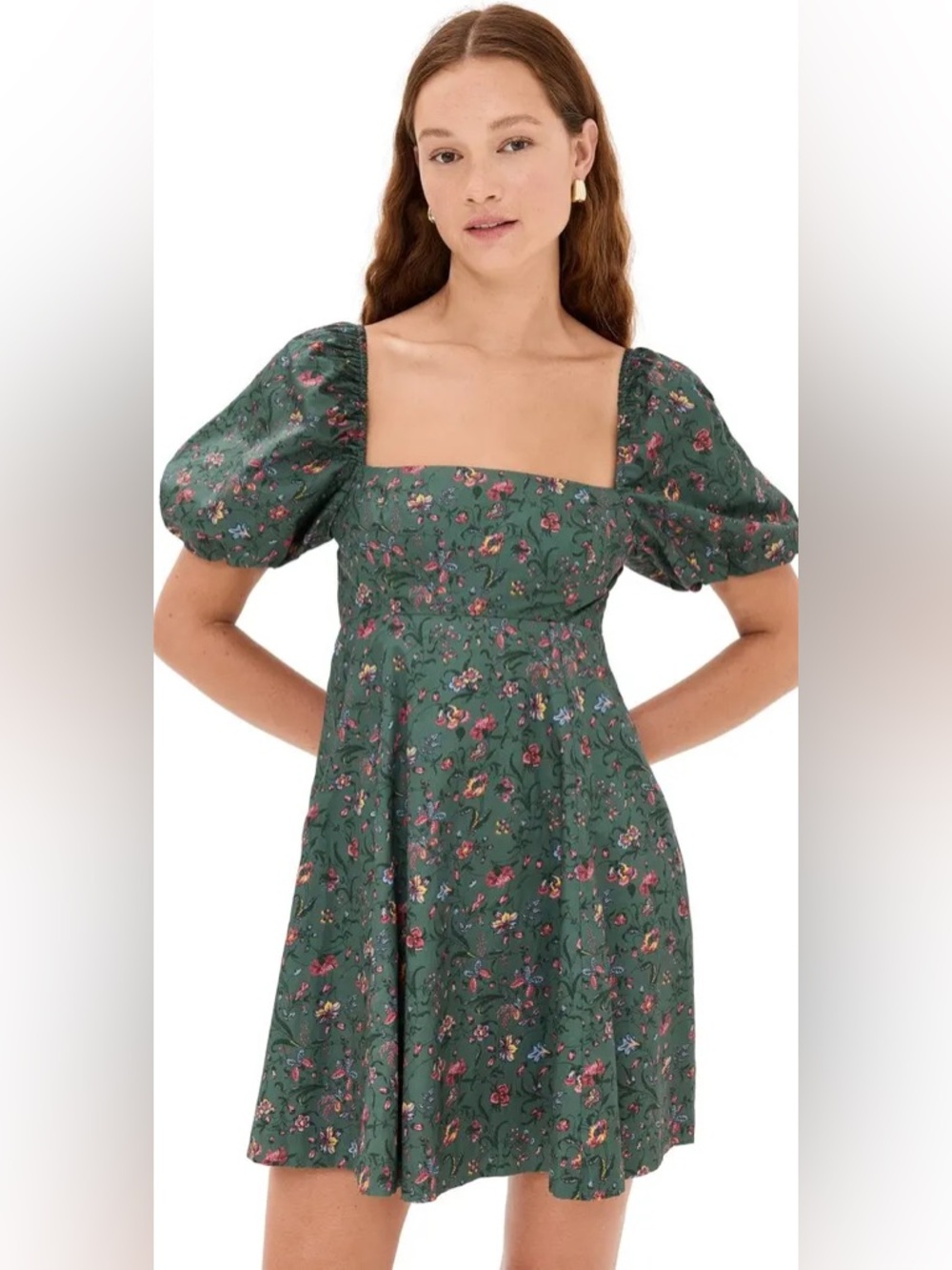 Hill House Small Matilda Mini Dress Floral 100% Cotton Non-Stretch Poplin Green